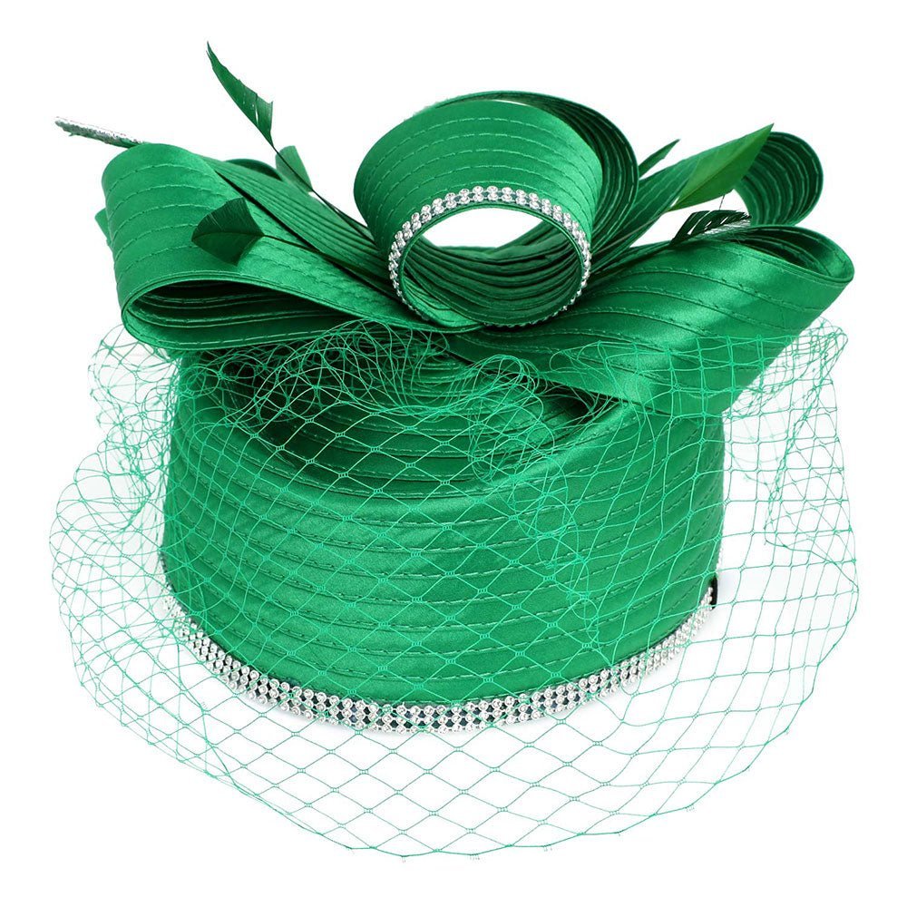 Rhinestone Rim Bow Top Feather Accented Mesh Dressy Hat - Especially Yours