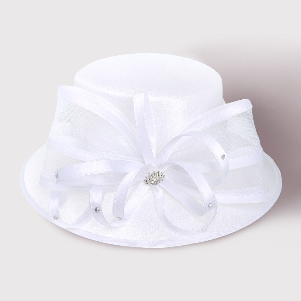 Flower Mesh Bow Accented Dressy Hat - Especially Yours