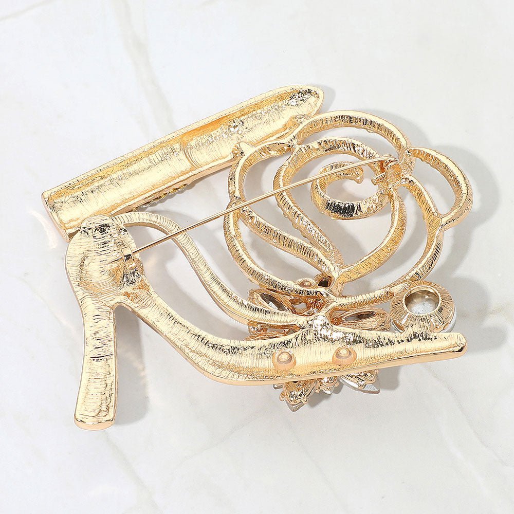 Rhinestone Embellished Flower Accent Glam High Heel Lipstick Pin Brooch - Especially Yours