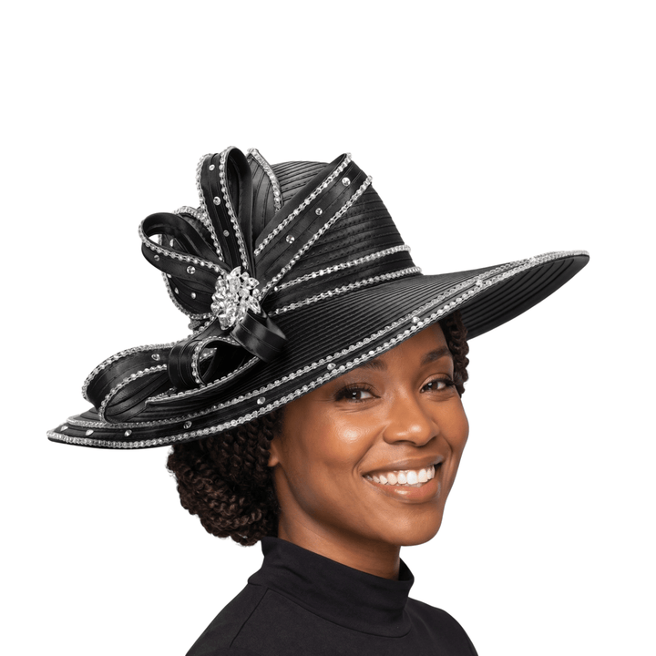 Wide Brim Rhinestoned Ribbon Hat - Especially Yours