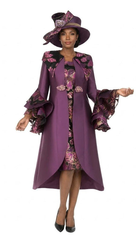 Floral Brocade Dress&Silky Twill Rfl Coat Set-Plus