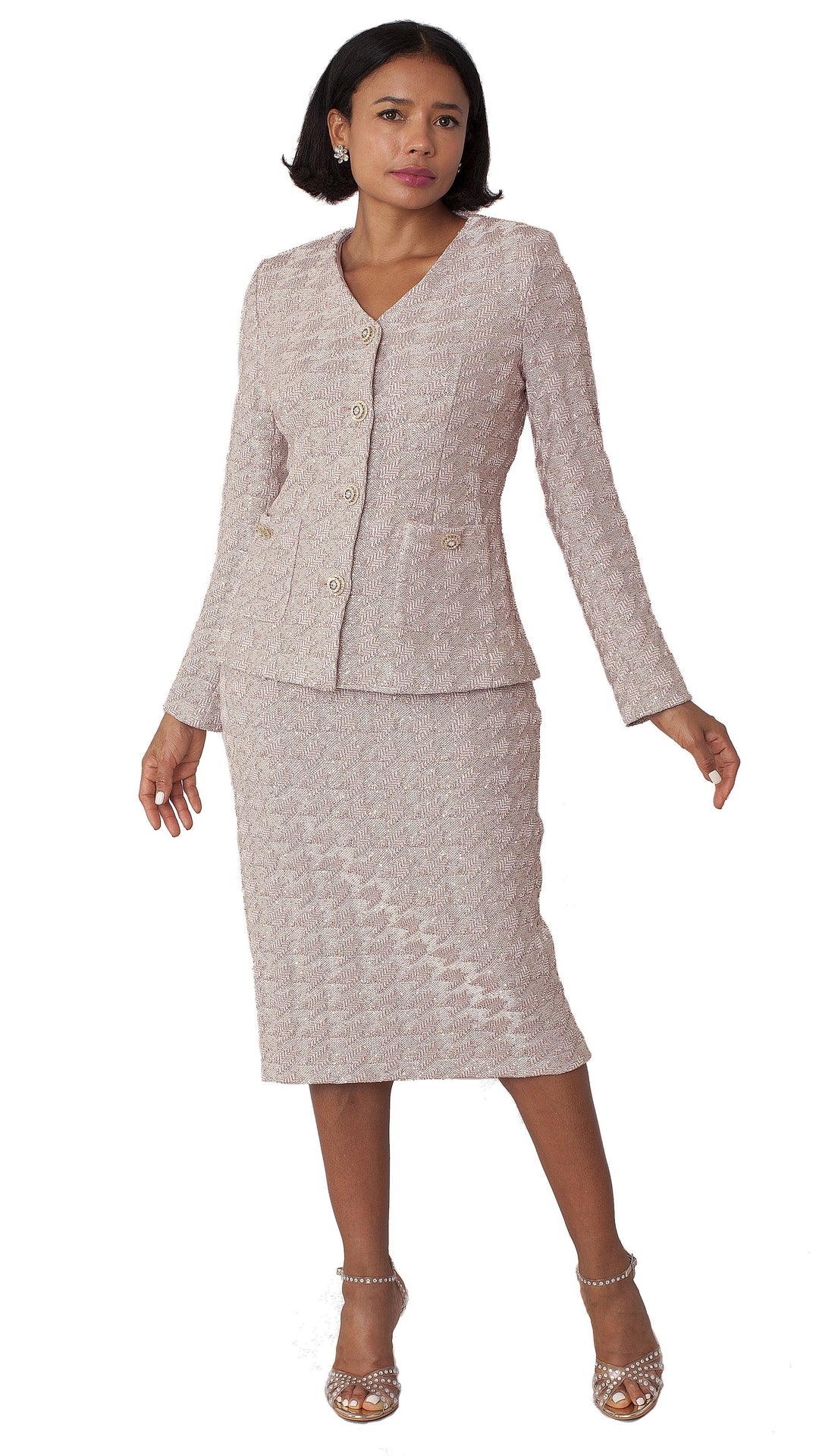 Peach Textured Knit 2-Piece Midi Suit w/ Button Front Jacket – 7319