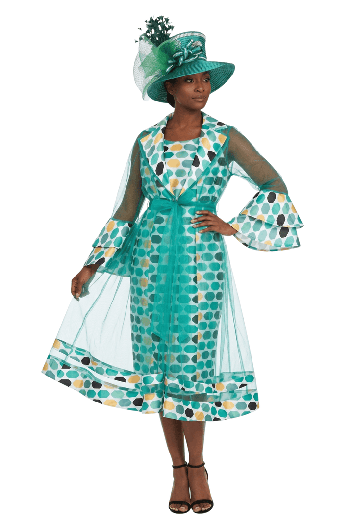 Dot Print 2pc Bell Sleeve Sheer Jkt Dress Set - Especially Yours