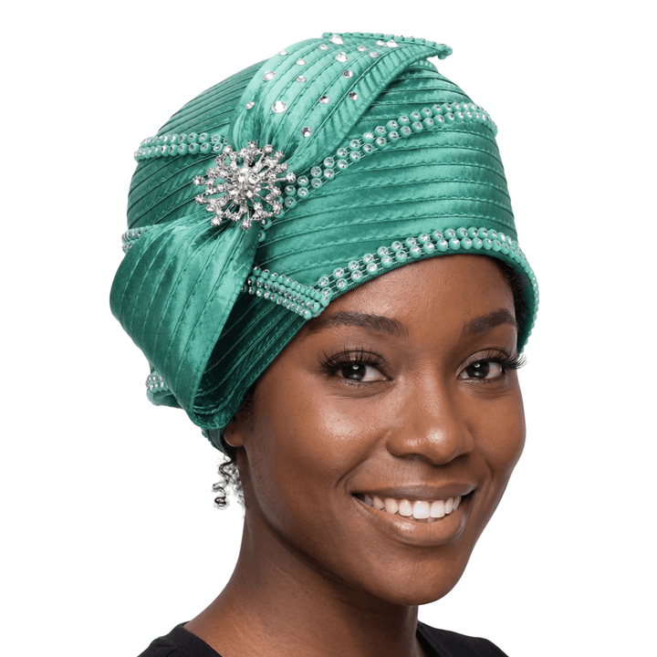Round Ribbon Hat w/ Brooch and Rhinestoned Strip - Especially Yours