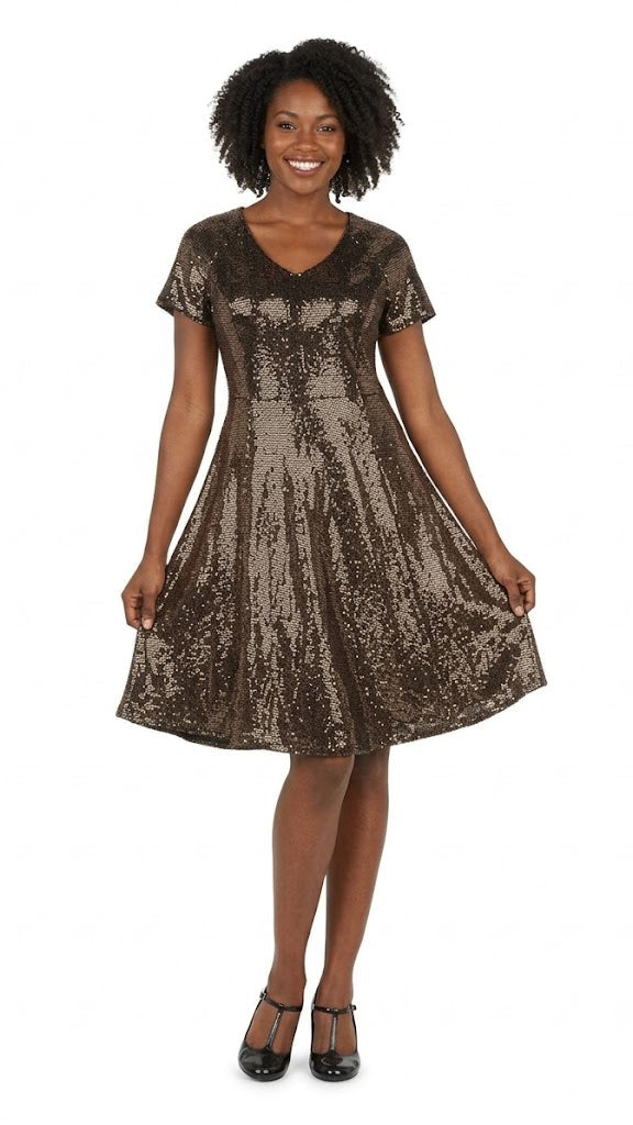 Short Sleeve V-neck Sequins A-line Dress - Plus