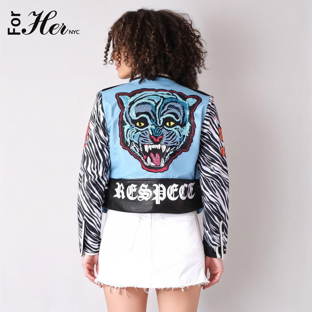 Leather Zebra - Print Moto Jacket with Embroidered Tiger - 81762 - Especially Yours