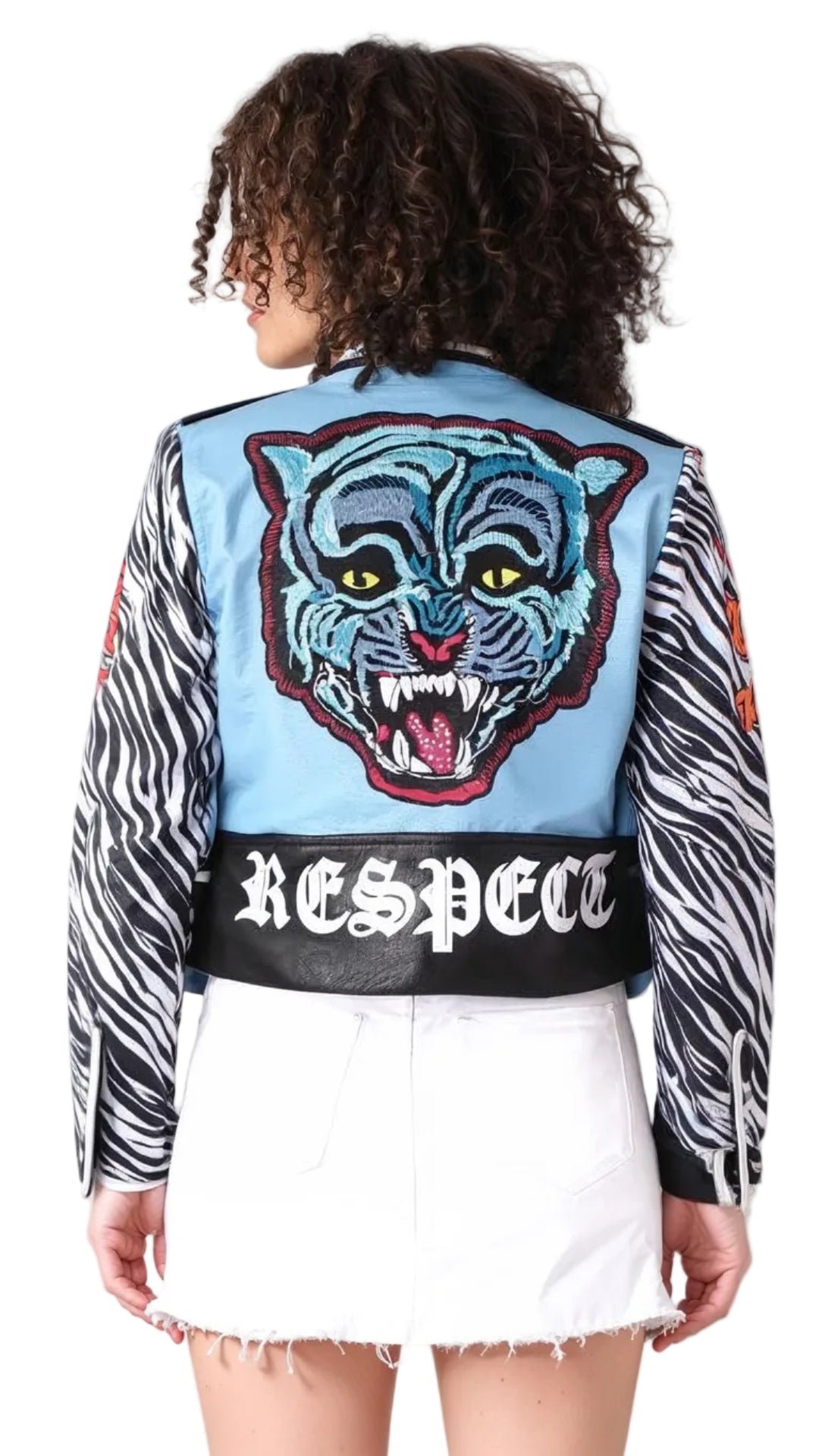 Leather Zebra-Print Moto Jacket with Embroidered Tiger- 81762