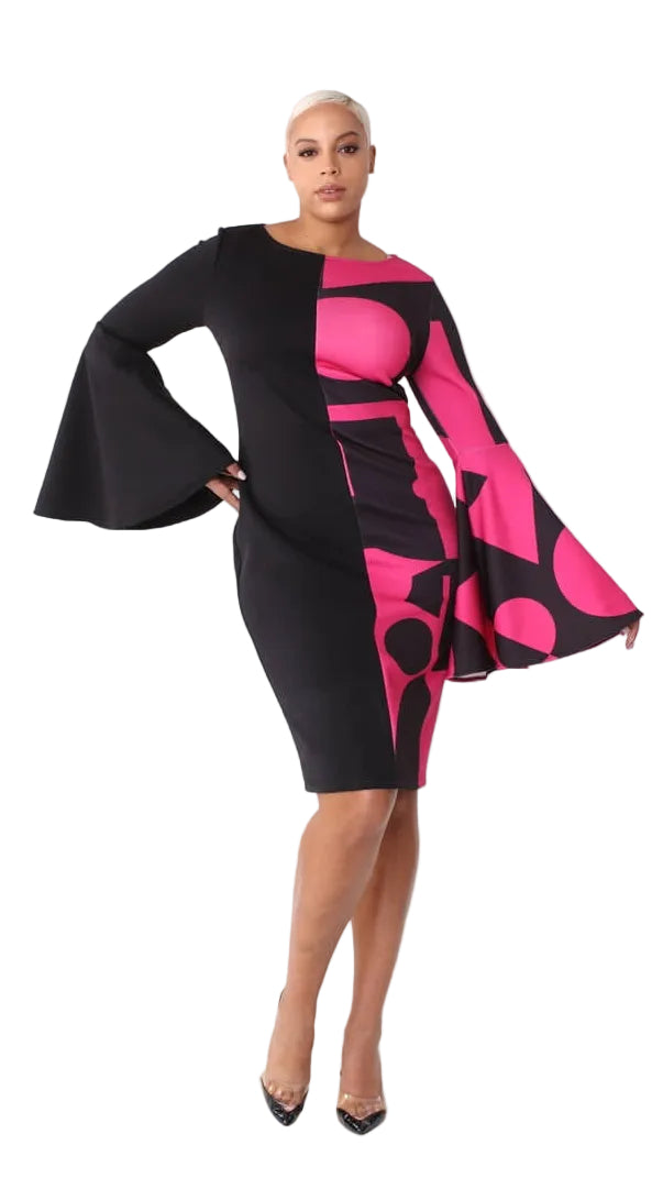Color Block Bell Sleeve Dress - 82062