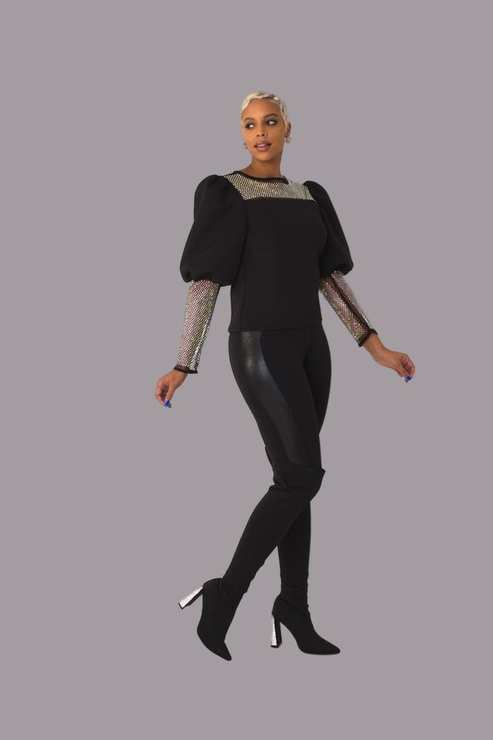 Rhinestone Mesh Yoke Puff Sleeve Top – Elegant Evening Blouse - 82233 - Especially Yours