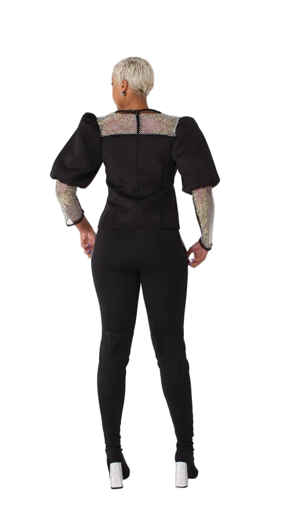 Rhinestone Mesh Yoke Puff Sleeve Top – Elegant Evening Blouse - 82233