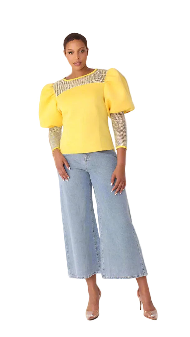 Rhinestone Mesh Yoke Puff Sleeve Top – Elegant Evening Blouse - 82233