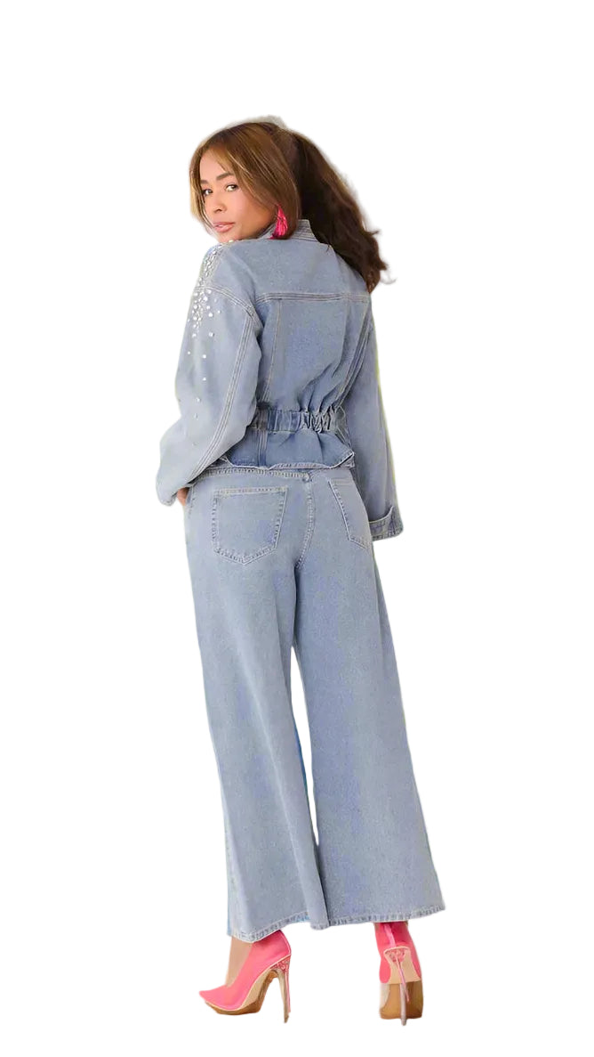 Pearl Cascade Peplum Denim Jacket - 82325