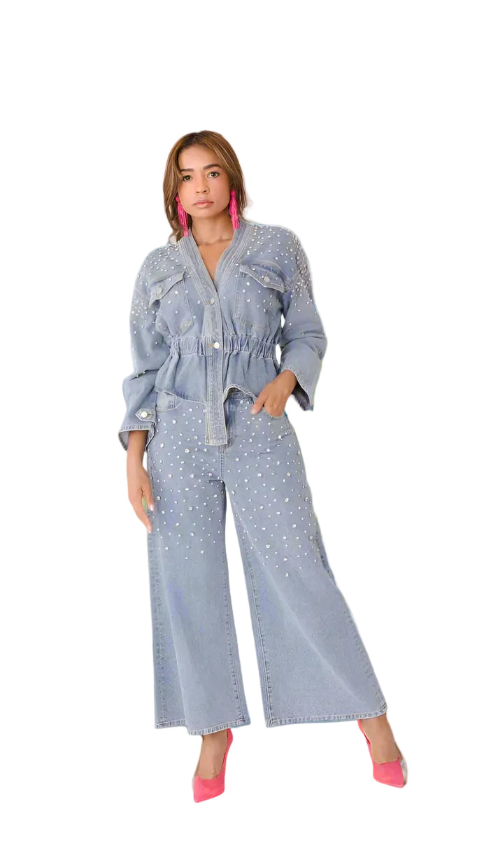 Pearl Cascade Peplum Denim Jacket - 82325