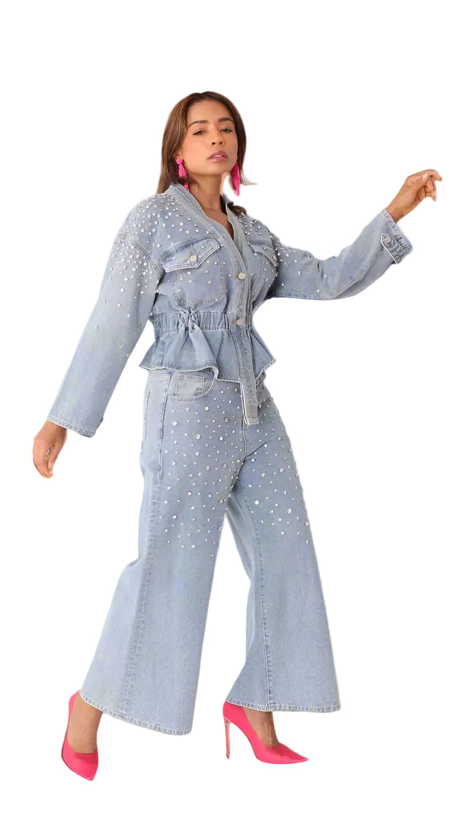 Pearl Cascade Peplum Denim Jacket - 82325