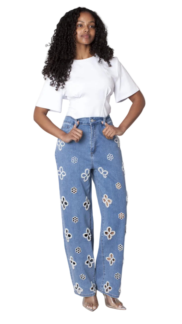 Floral Cutout Wide-Leg Jeans - 82956