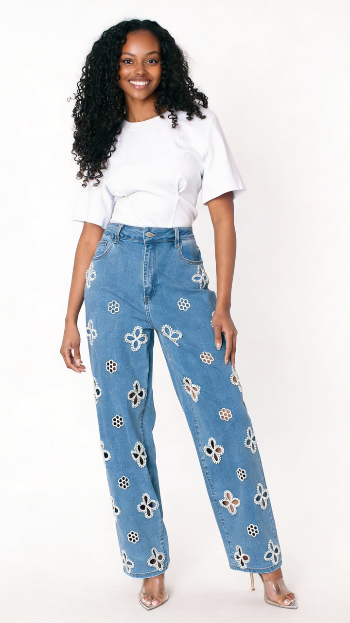 Floral Cutout Wide-Leg Jeans - 82956