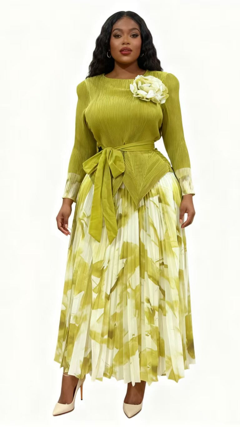 Elegant Floral Pleated Skirt Set - 83013