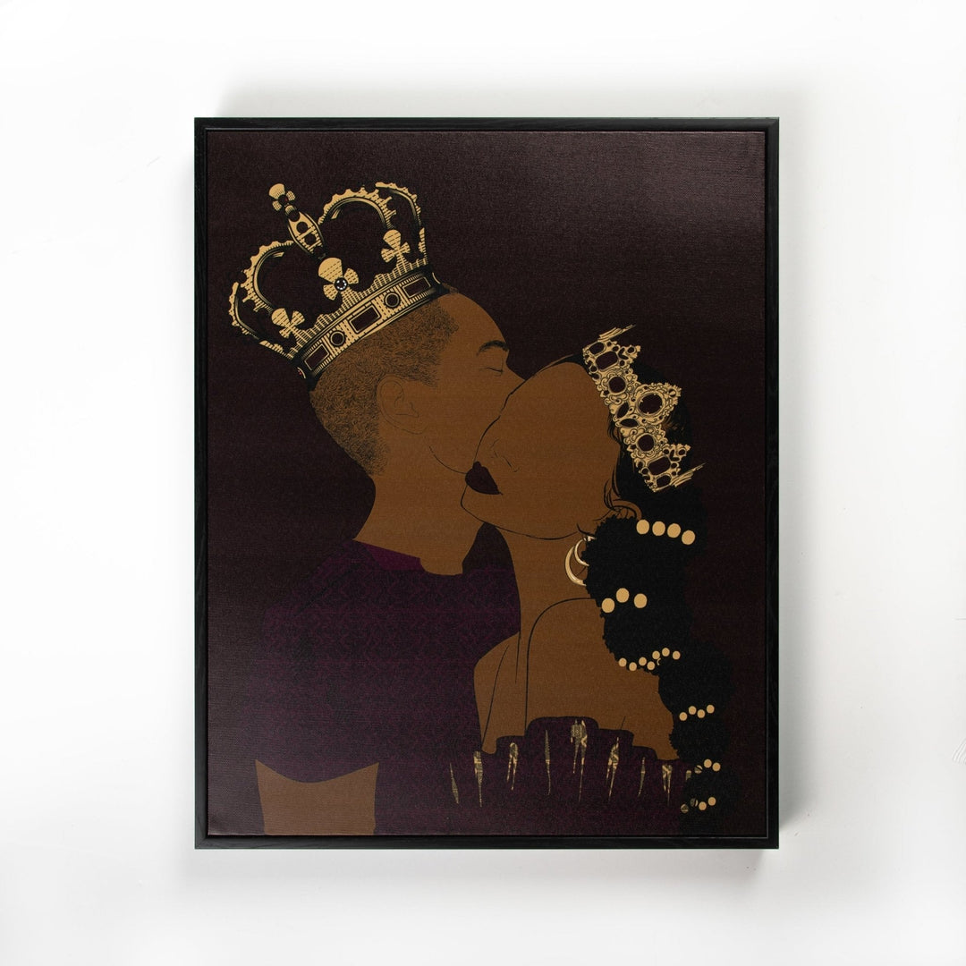 King & Queen Canvas Art Print – Black royal couple kissing with ornate gold crowns on deep plum background | EY