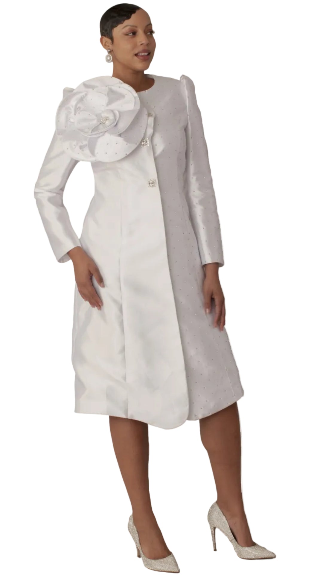 Pearl-Studded Floral Appliqué Coat Dress - 9751