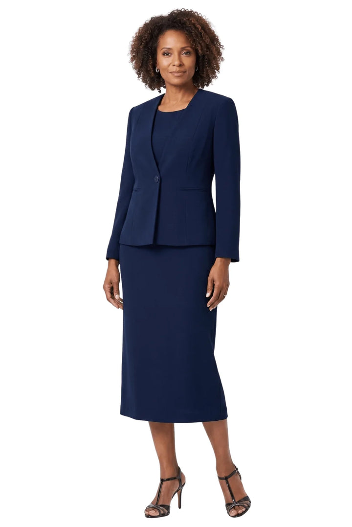 3pc Collarless Clean Lines Detailed Skirt Suit