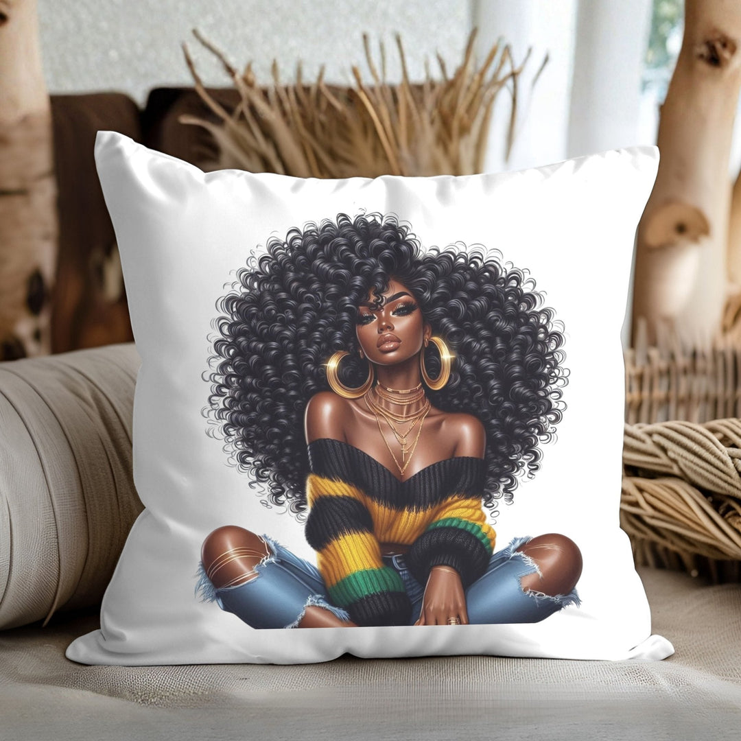 Afro Chic Decorative Pillow — Black Woman with Big Curls Graphic - Especially Yours