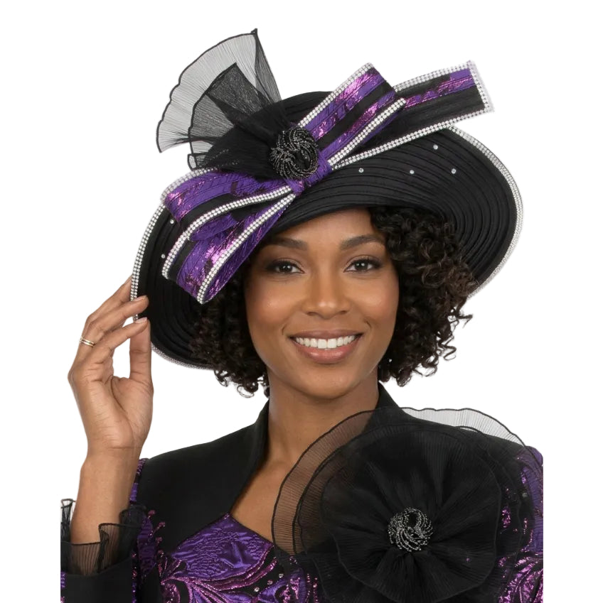 Rhinestone-Trimmed Brocade Bow Wide-Brim Hat