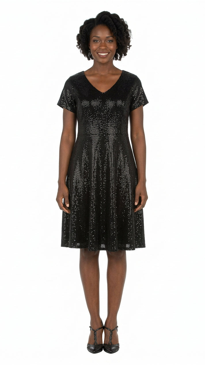 Short Sleeve V-neck Sequins Fit-and-Flare Dress