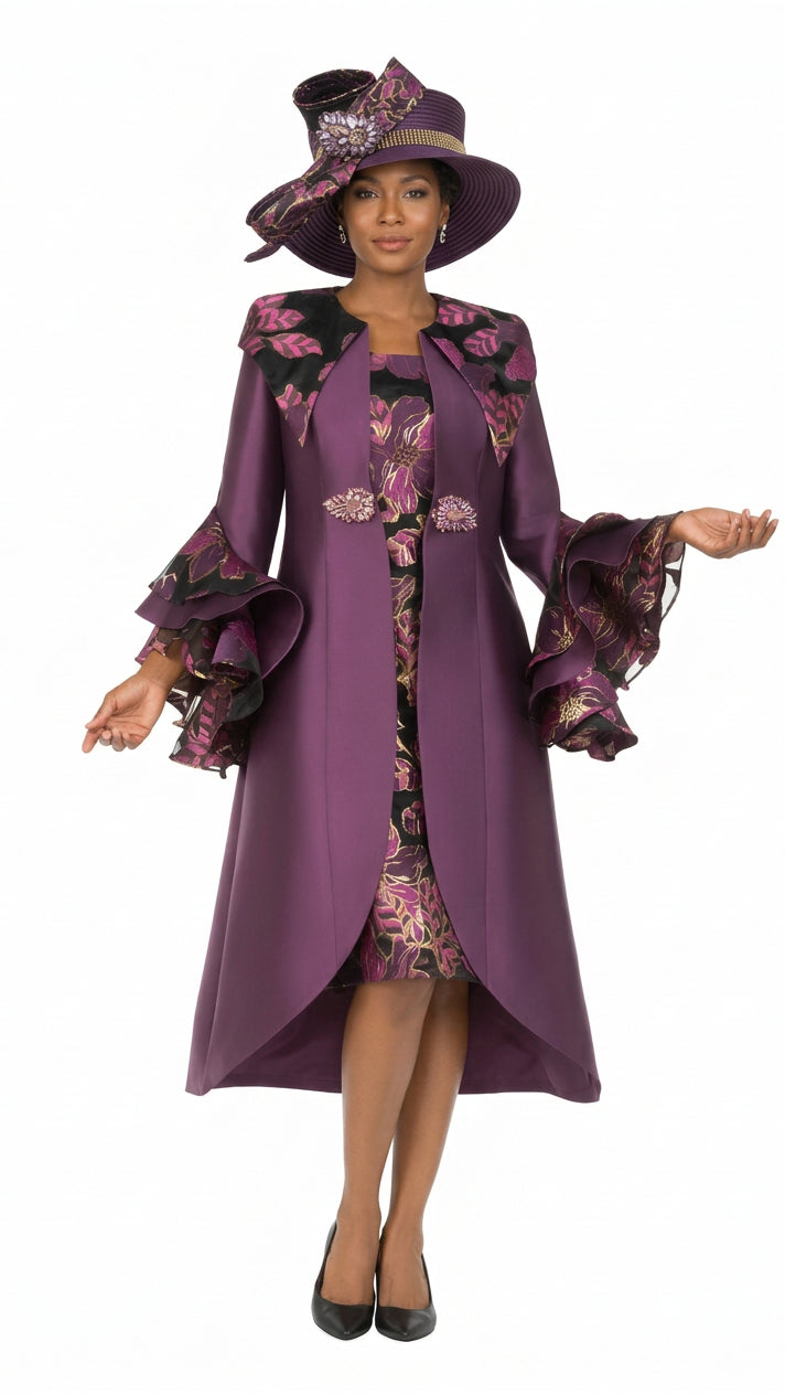 Floral Brocade Dress&Silky Twill Ruffle Coat Set