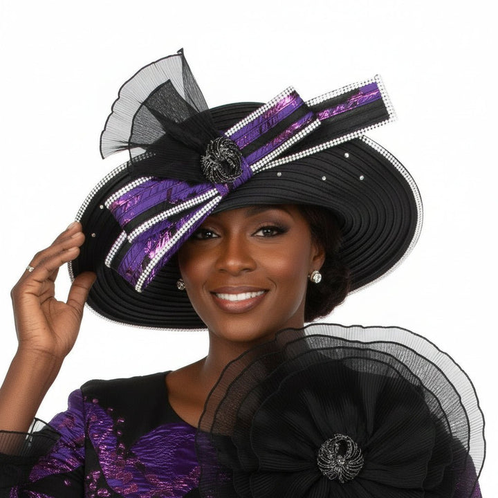 Rhinestone-Trimmed Brocade Bow Wide-Brim Hat - Especially Yours