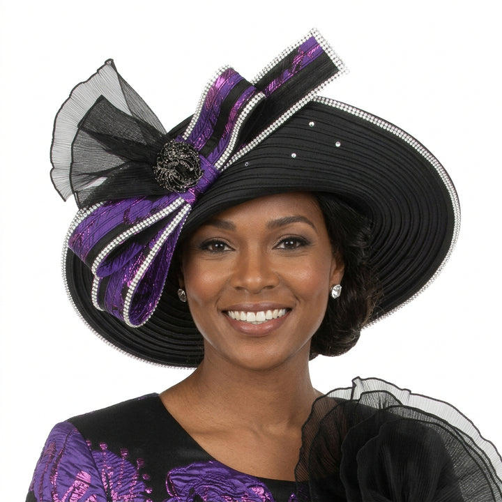 Rhinestone-Trimmed Brocade Bow Wide-Brim Hat