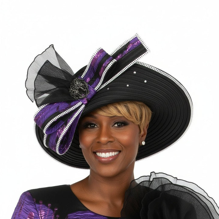 Rhinestone-Trimmed Brocade Bow Wide-Brim Hat - Especially Yours