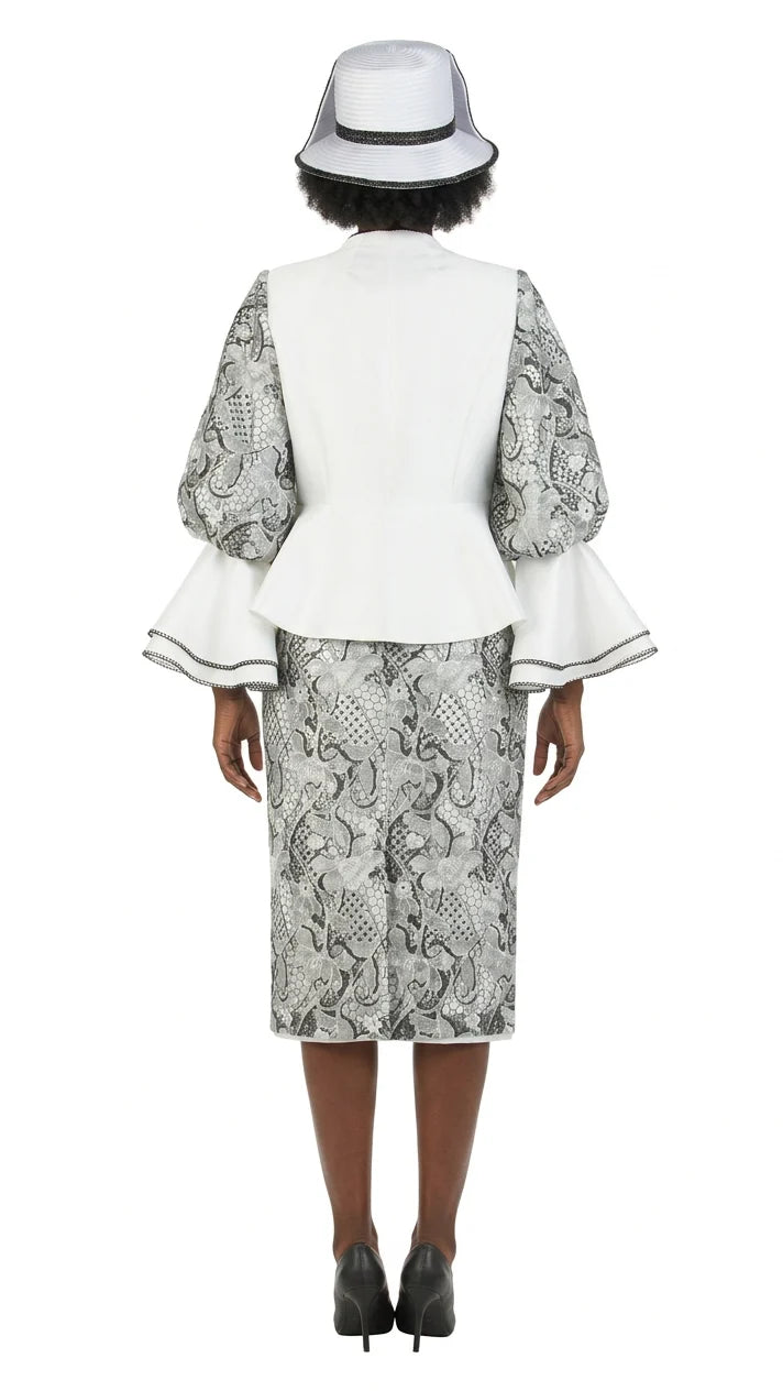 3pc Embroidered Lace Skirt Suit w/ Bell Sleeves