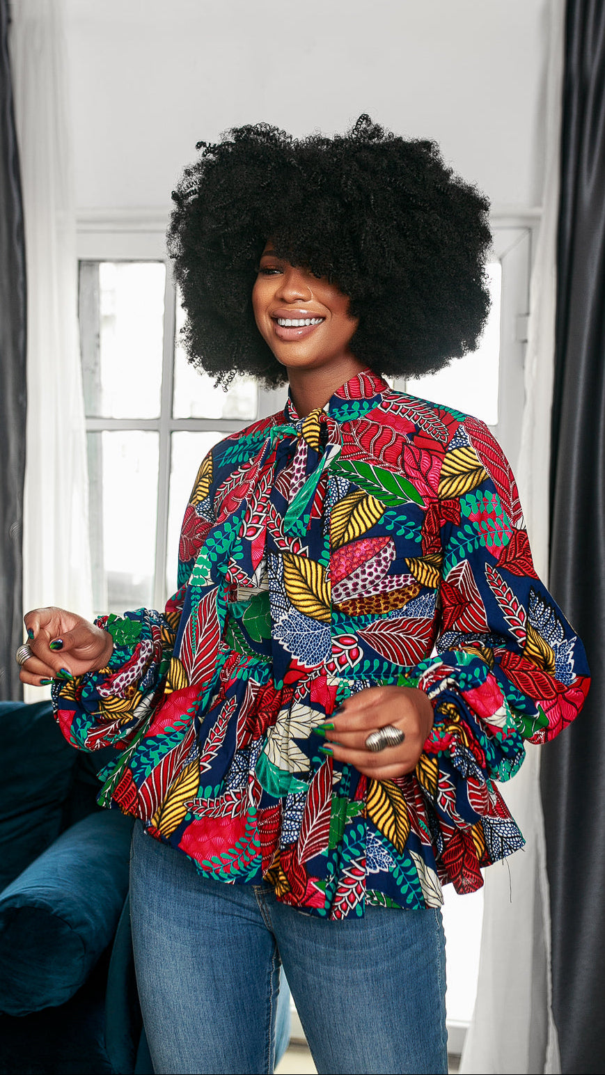 BIBI AFRICAN PRINT PUFF SLEEVE TOP [MULTICOLOR]