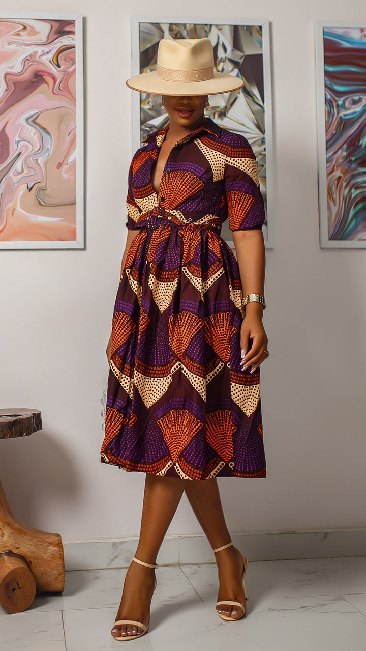 MOREMI AFRICAN PRINT BUTTON DOWN DRESS [PURPLE]