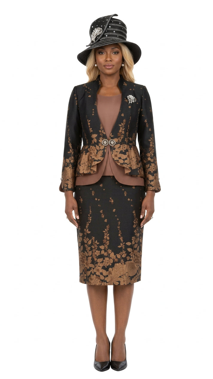 3pc Floral Print Brocade Peplum Jkt Skt Suit
