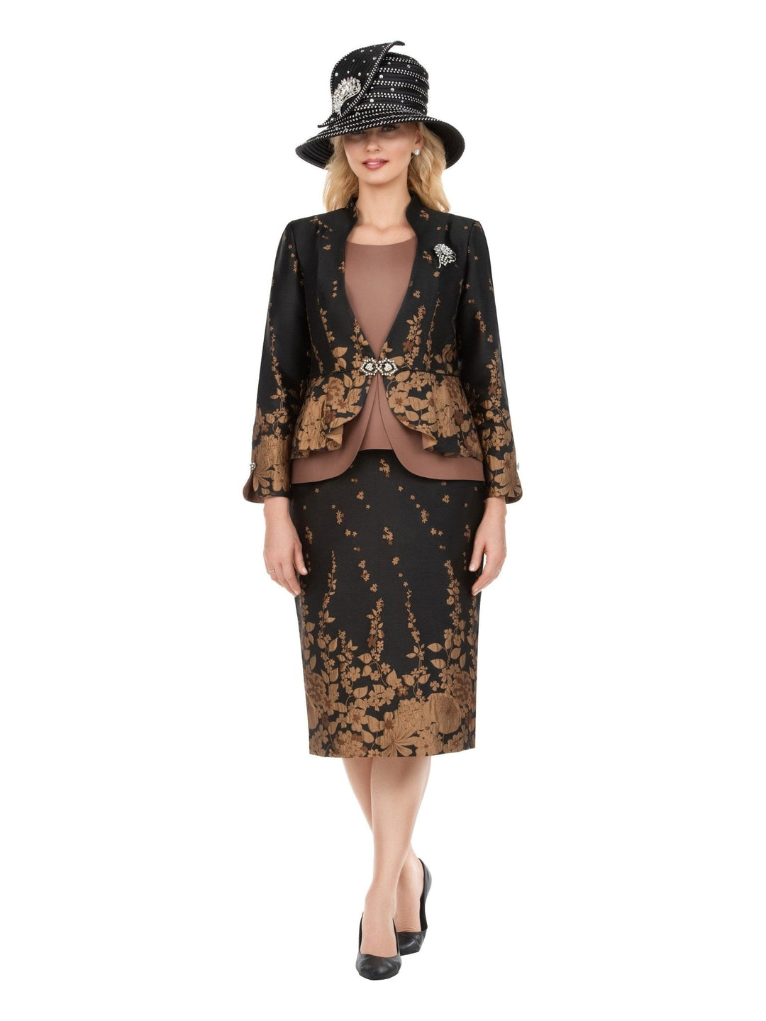 3pc Floral Print Brocade Peplum Jkt Skt Suit - Especially Yours