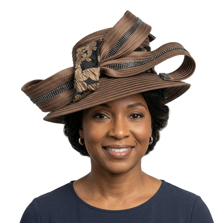 Rhinestone-Trim Ribbon Loop Wide Brim Occasion Hat