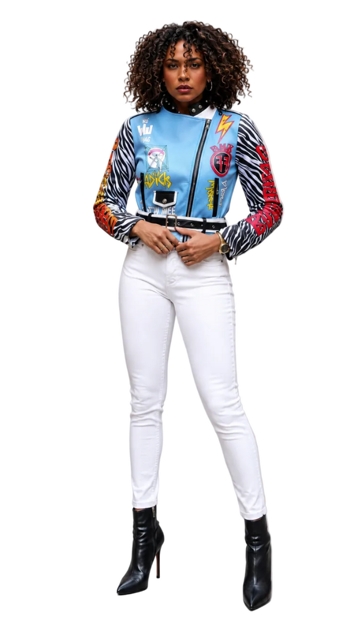 Leather Zebra-Print Moto Jacket with Embroidered Tiger- 81762