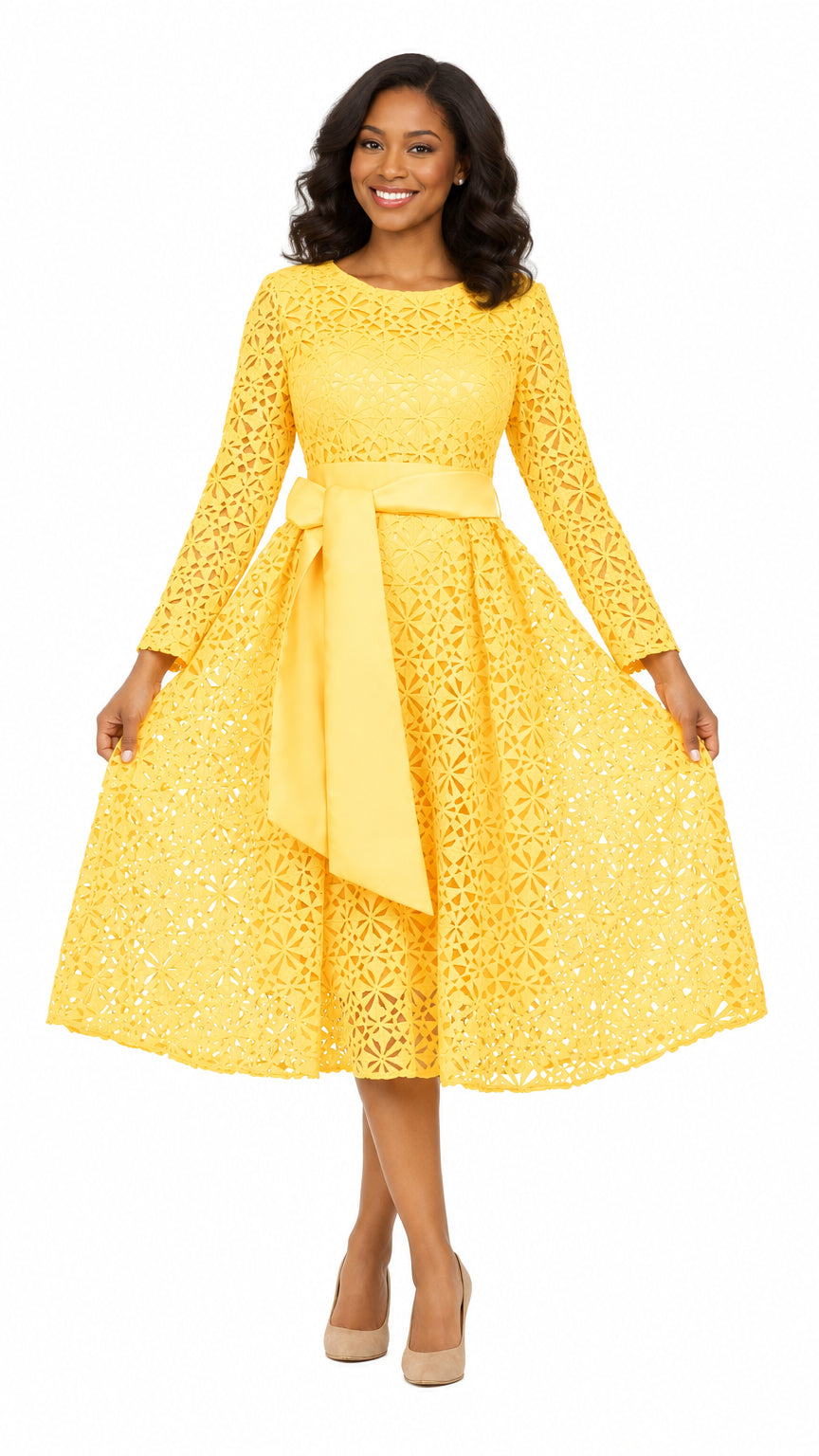 Elegant Bloom Eyelet Lace Fit & Flare Belted Dress