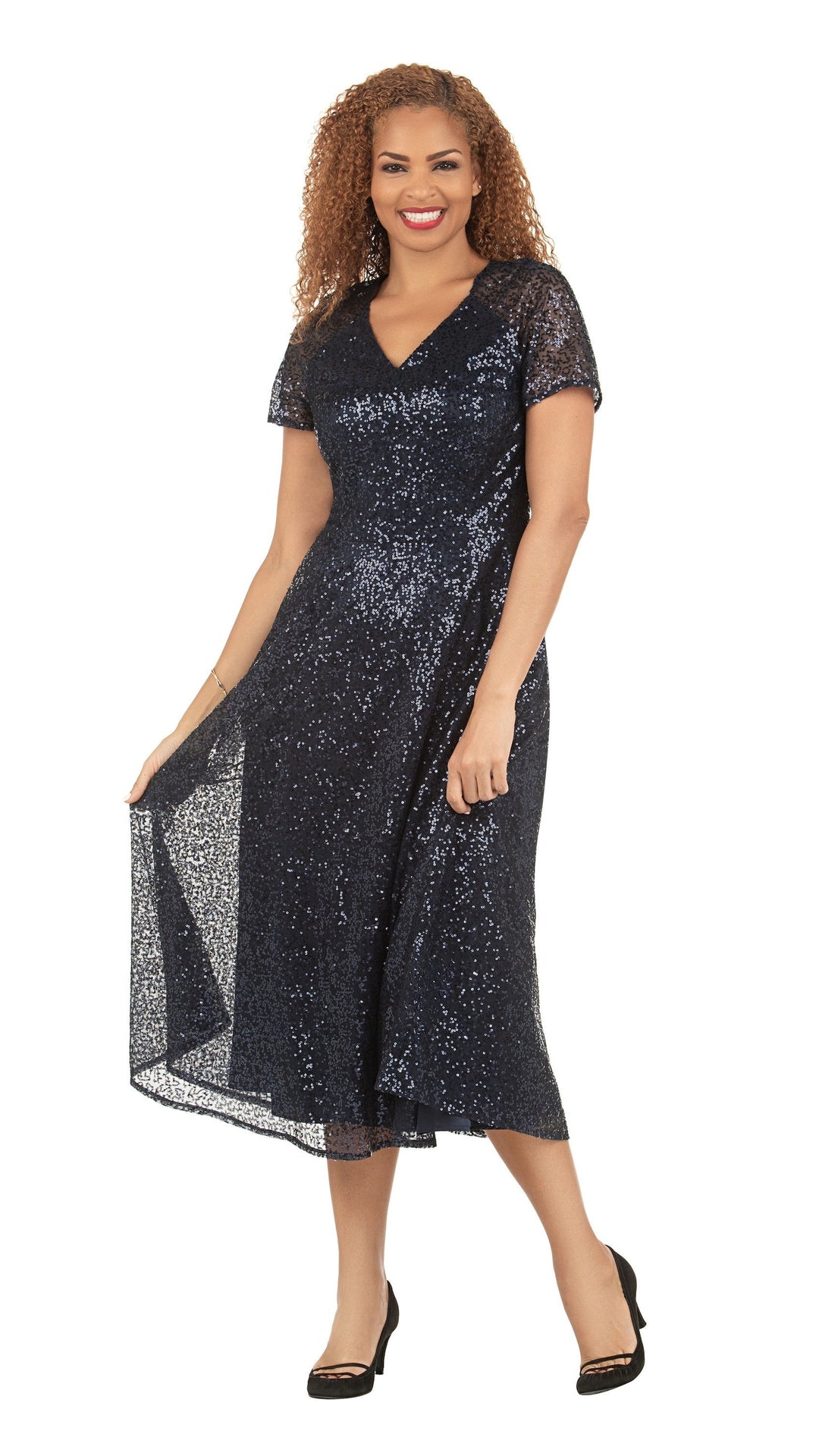 V-neck Short Slv A-line Dress in Sequined Lace