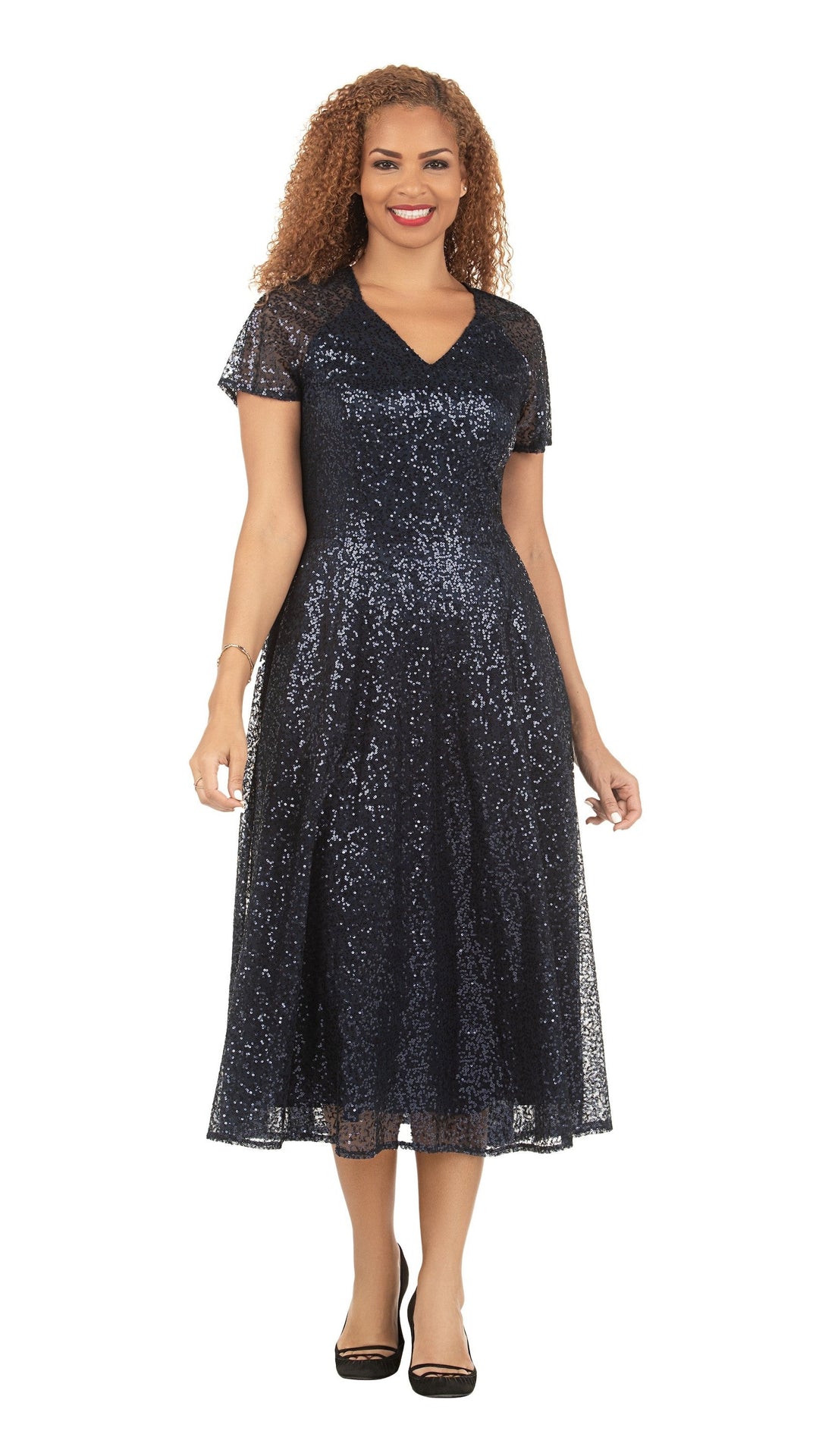 V-neck Short Slv A-line Dress in Sequined Lace