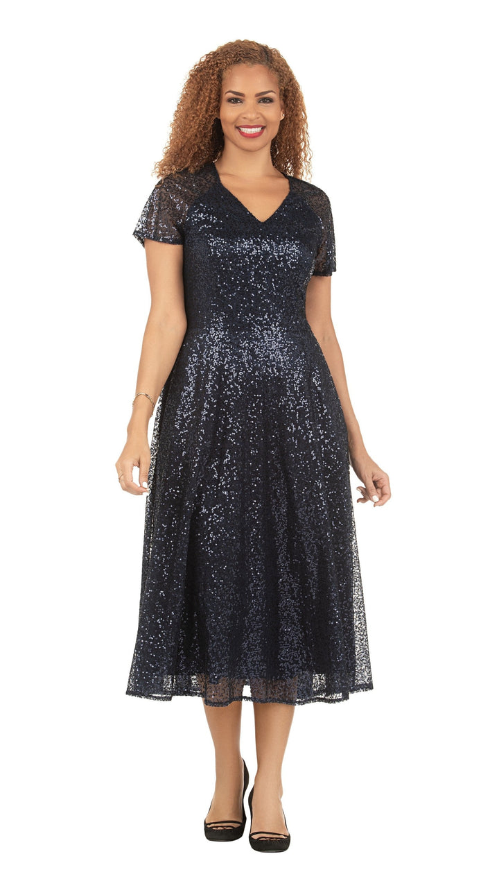 V-neck Short Slv A-line Dress in Sequined Lace