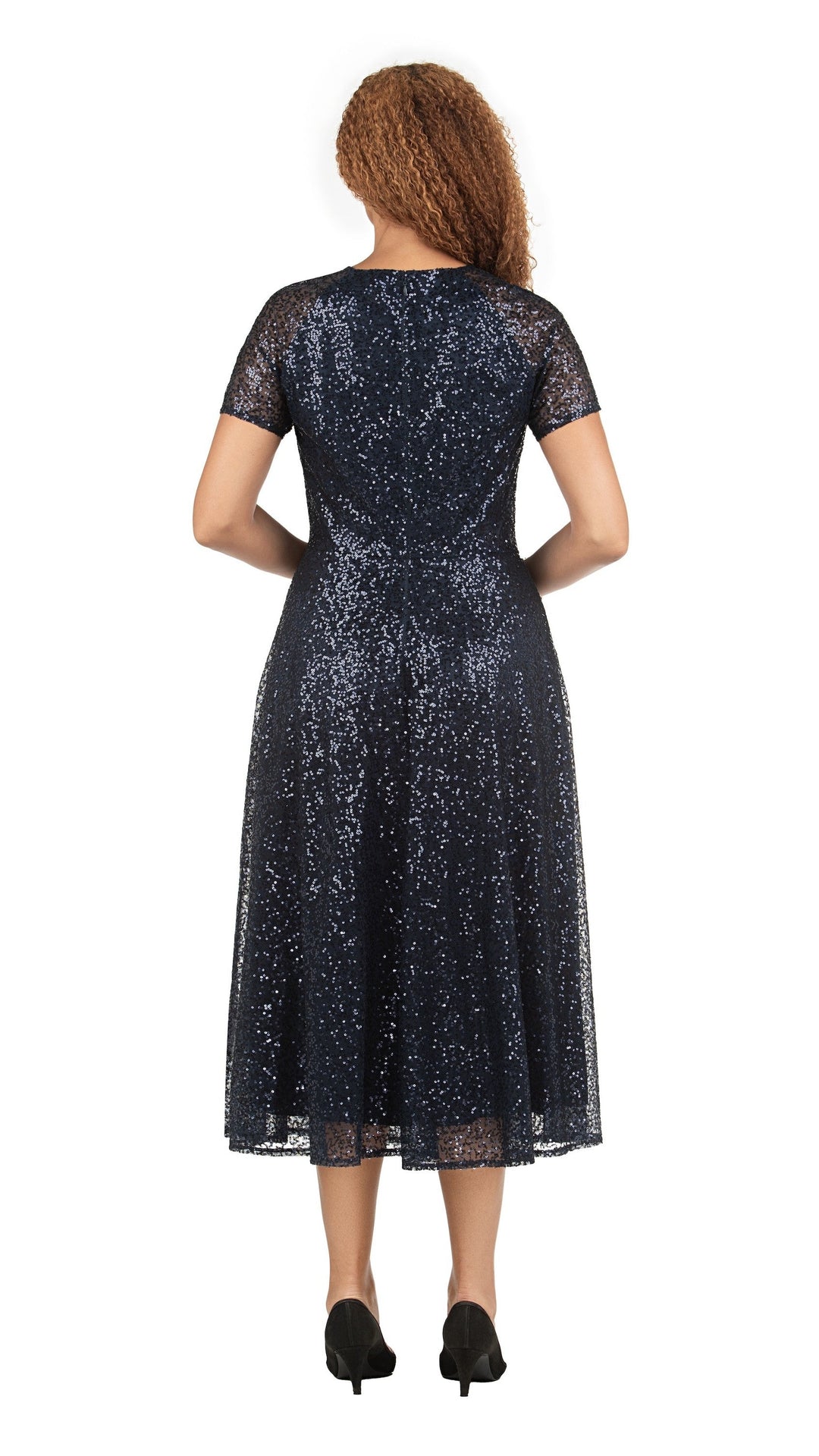 V-neck Short Slv A-line Dress in Sequined Lace