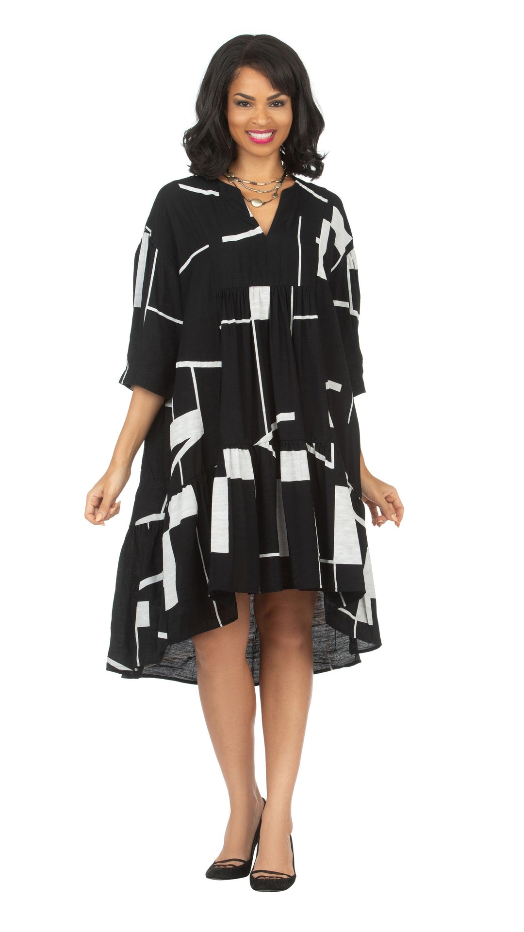 Drop Shoulder Tiered 3/4 Slv Geometric Print Dress