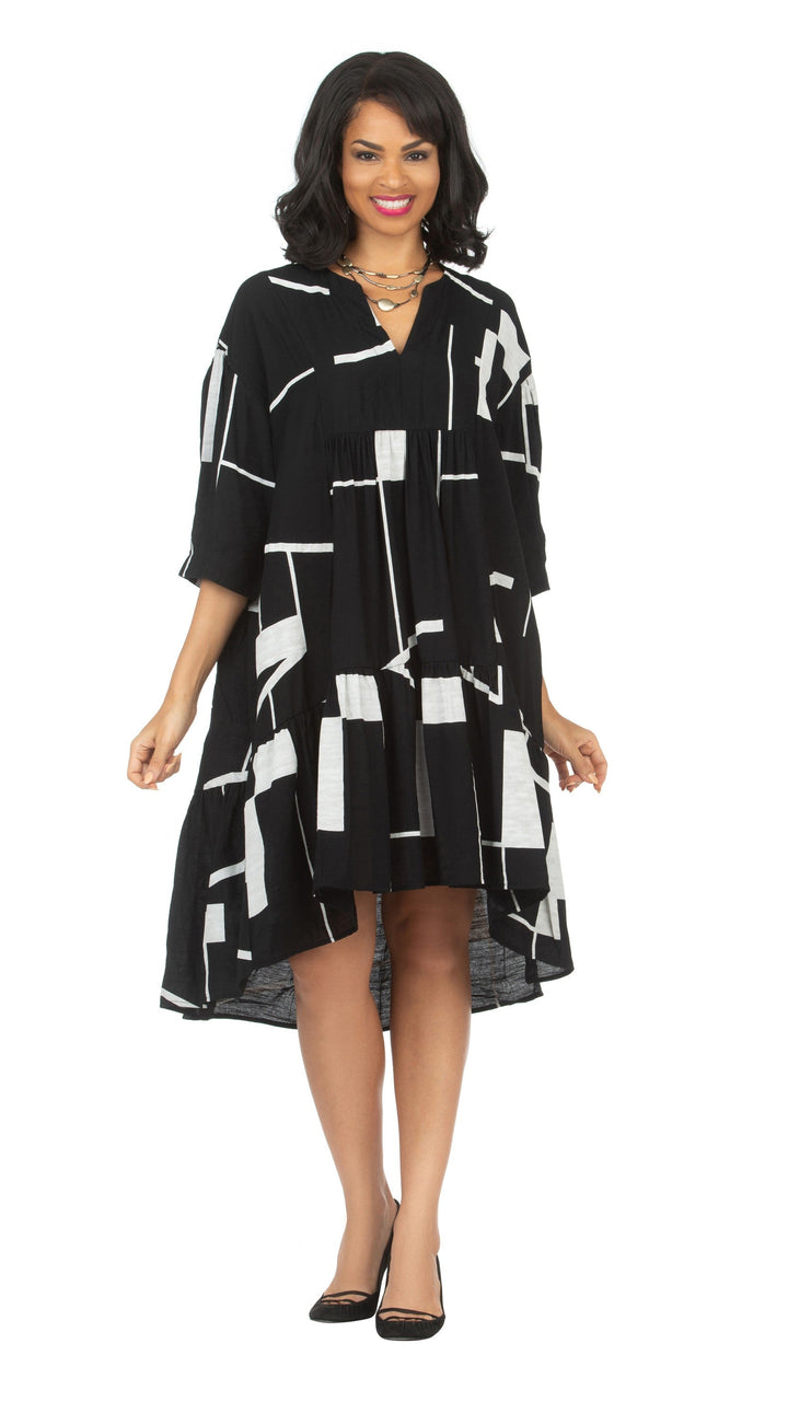 Drop Shoulder Tiered 3/4 Slv Geometric Print Dress