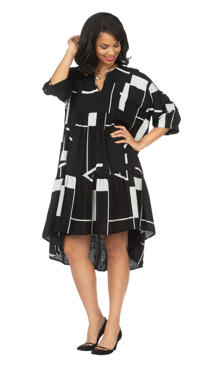 Drop Shoulder Tiered 3/4 Slv Geometric Print Dress