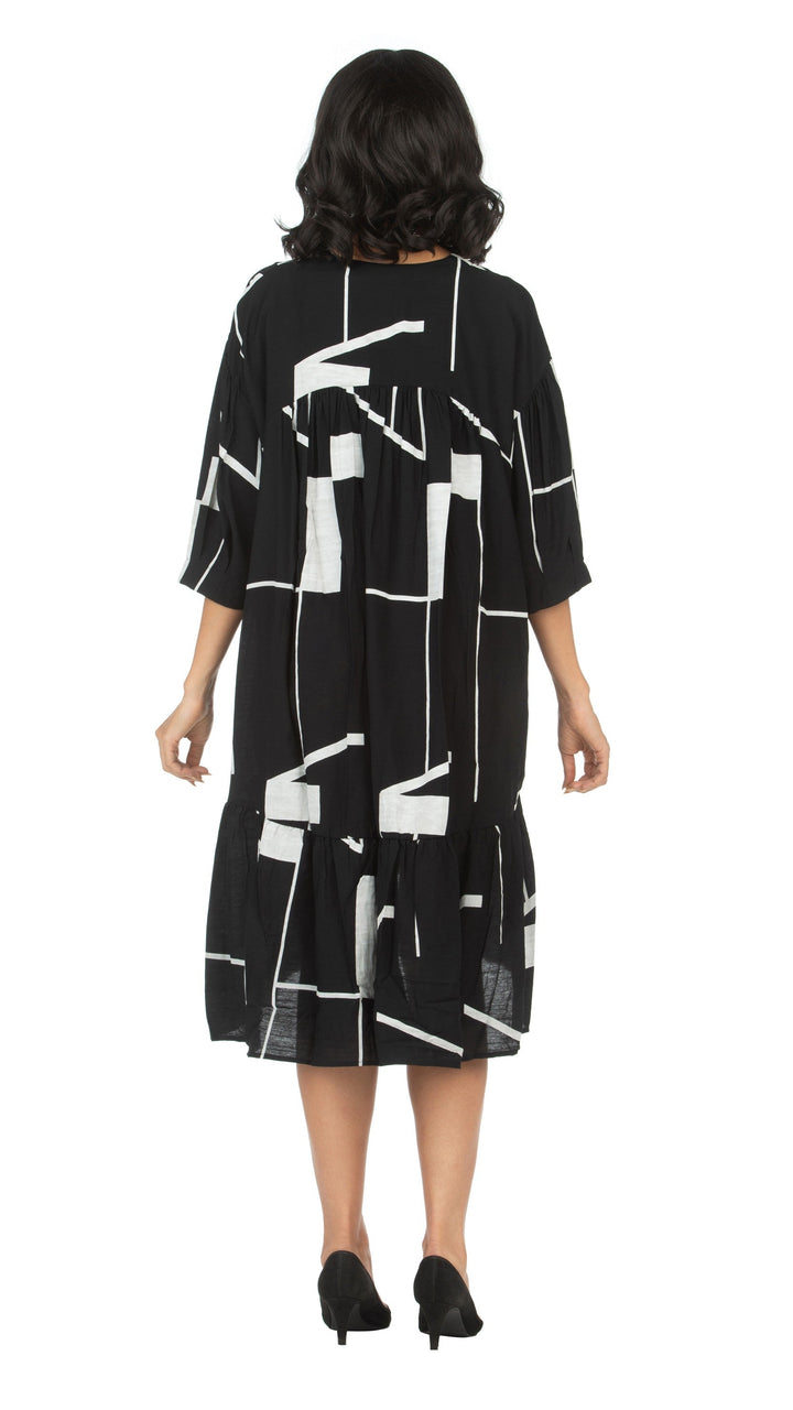Drop Shoulder Tiered 3/4 Slv Geometric Print Dress
