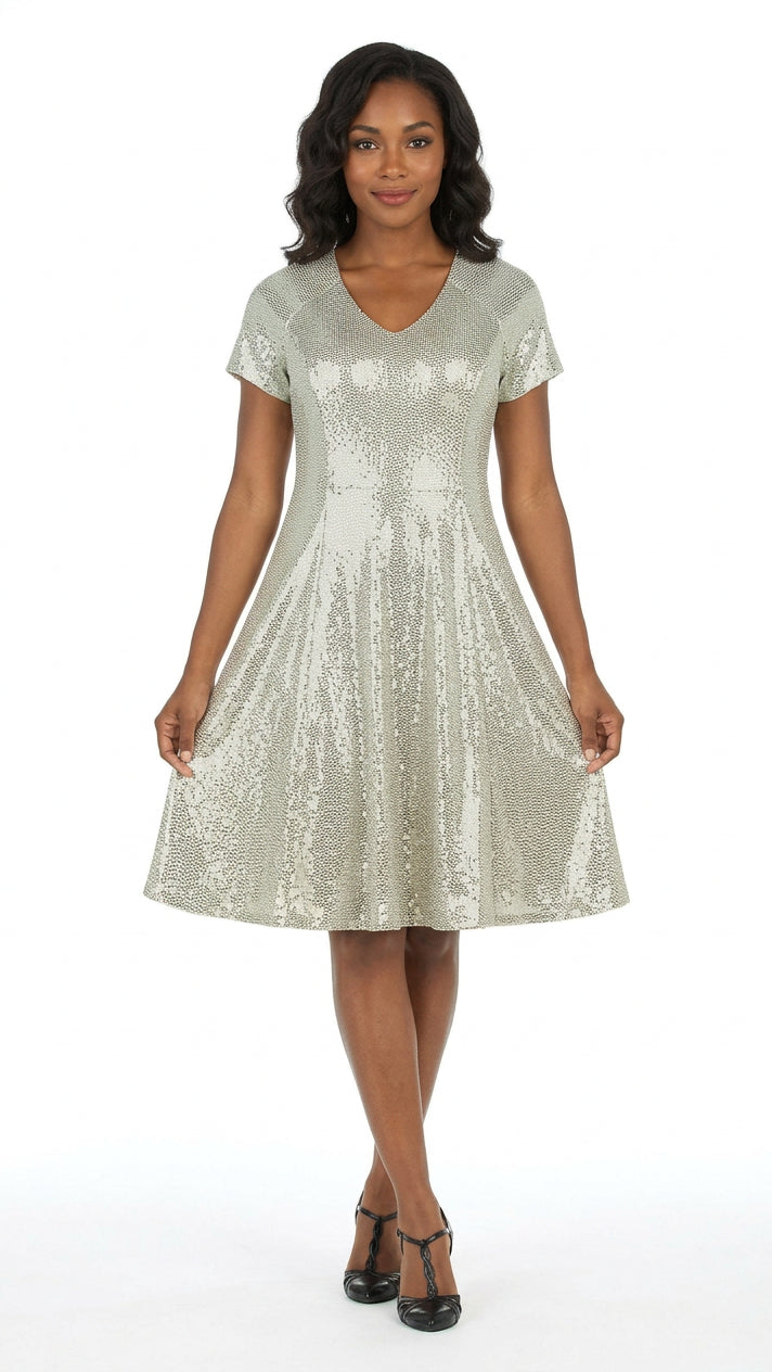 Short Sleeve V-neck Sequins Fit-and-Flare Dress