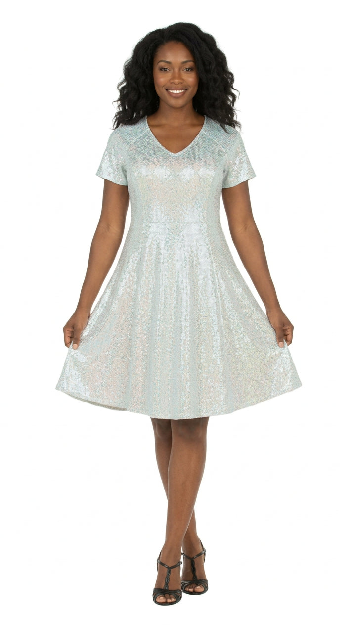 Short Sleeve V-neck Sequins Fit-and-Flare Dress