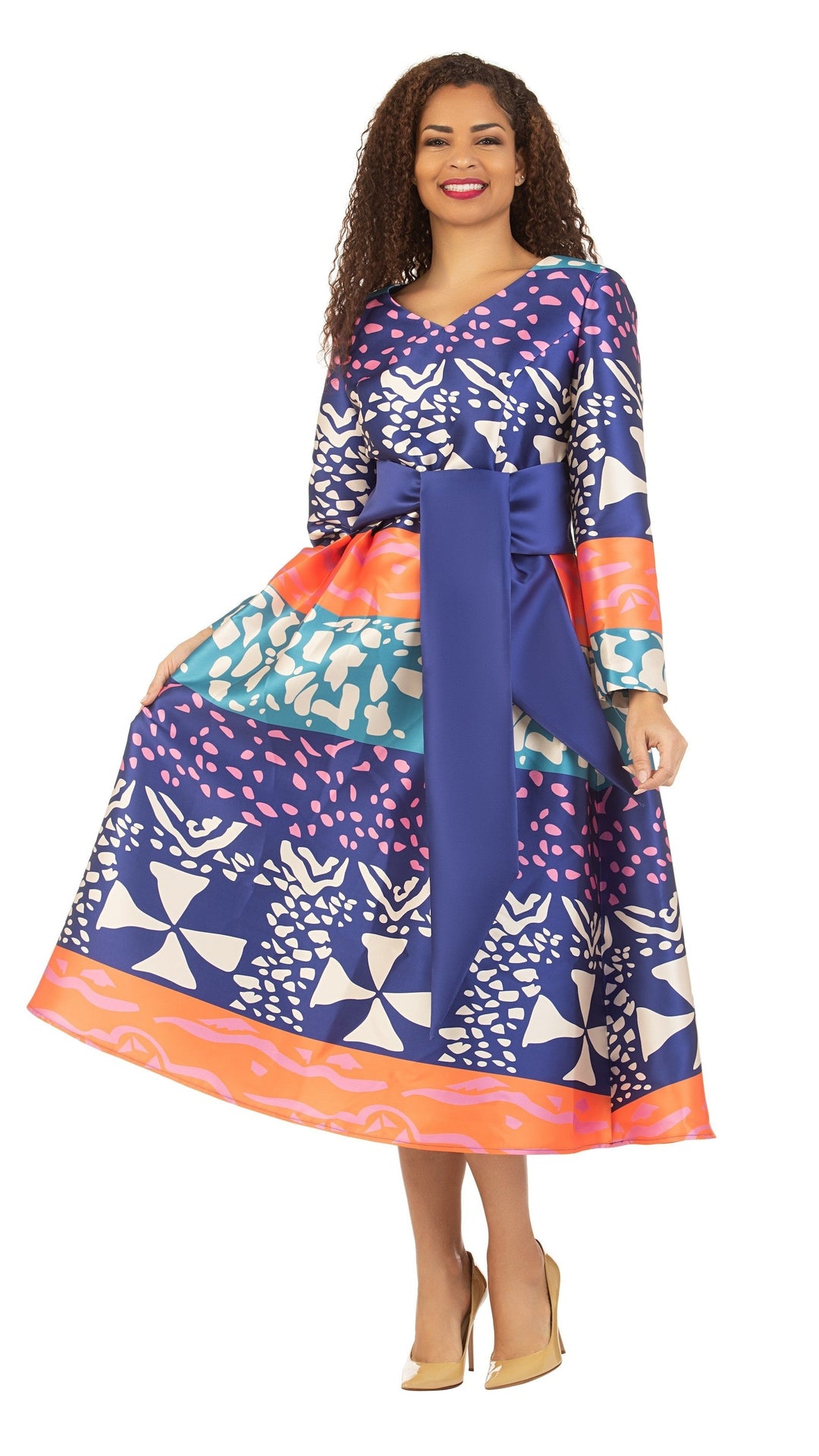 V-Neck LS Purple Print Drs w/ Belt-Plus